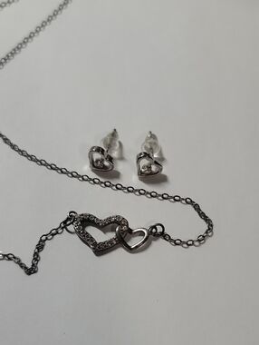 Silver Heart Pendant Necklace and Earrings Set - Sparkling Double Heart